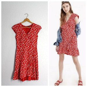 J Crew Mercantile sz 00 faux wrap red white romantic floral Dress ruffle V-neck